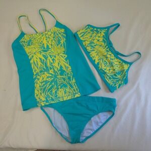 Lands End Girls 3 Piece Swimsuit Set Tankini Bikini Bottoms Teal Yellow Size 14
